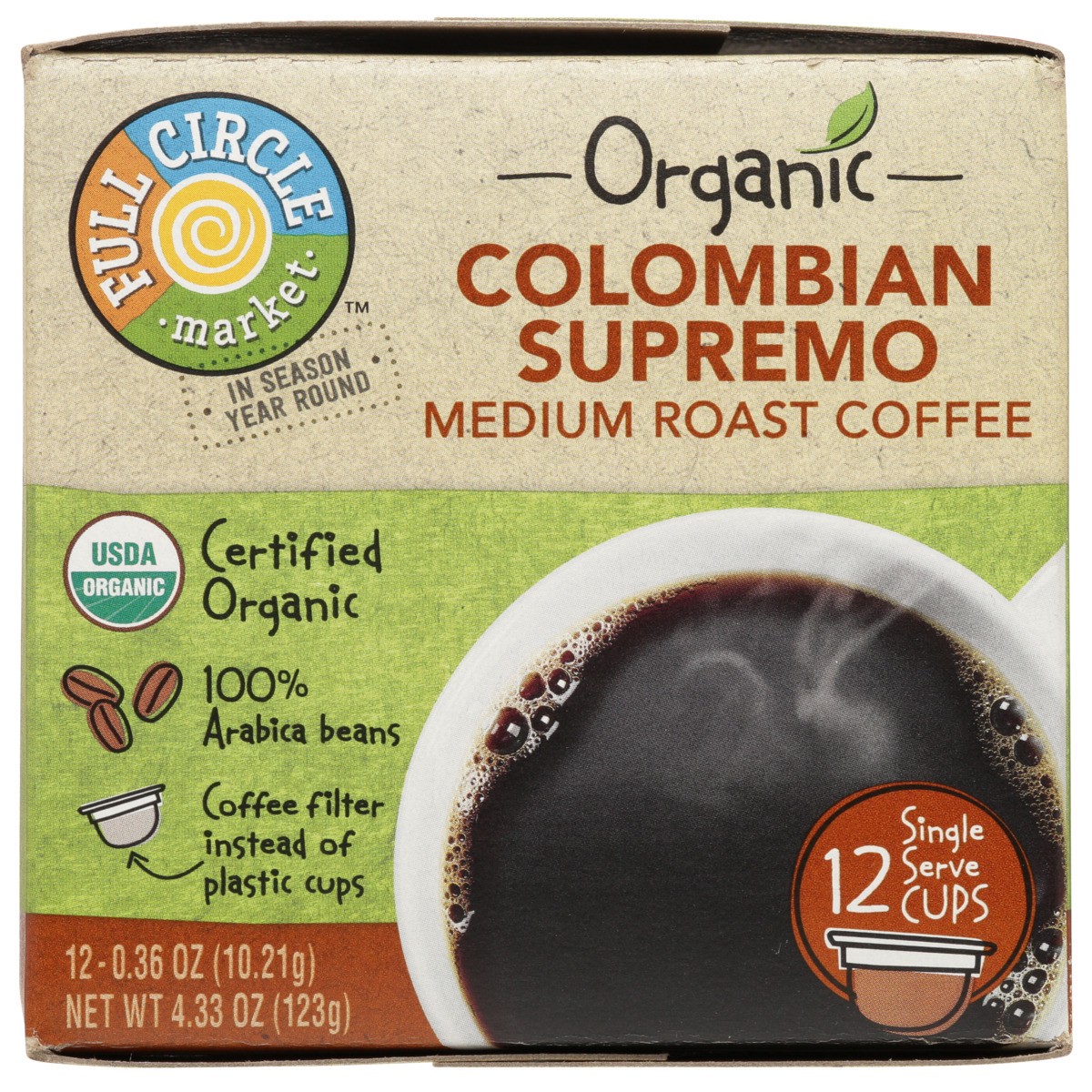 slide 10 of 11, Full Circle Market Medium Roast Colombian Supremo 100% Arabica Coffee Single Serve Cups, 4.33 oz