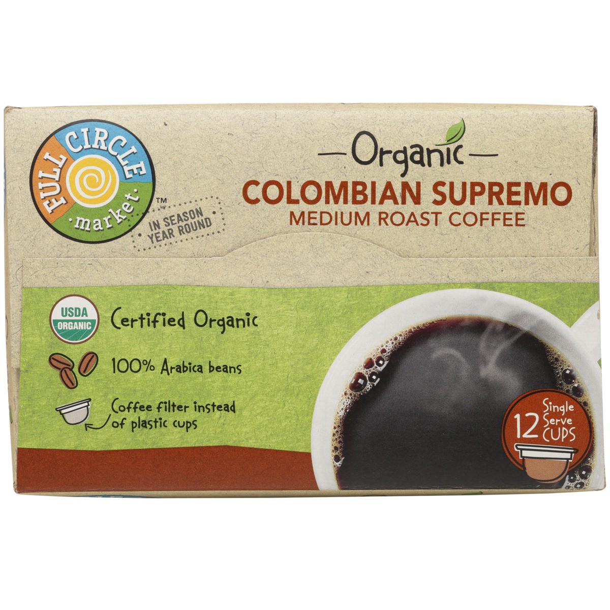 slide 11 of 11, Full Circle Market Medium Roast Colombian Supremo 100% Arabica Coffee Single Serve Cups, 4.33 oz