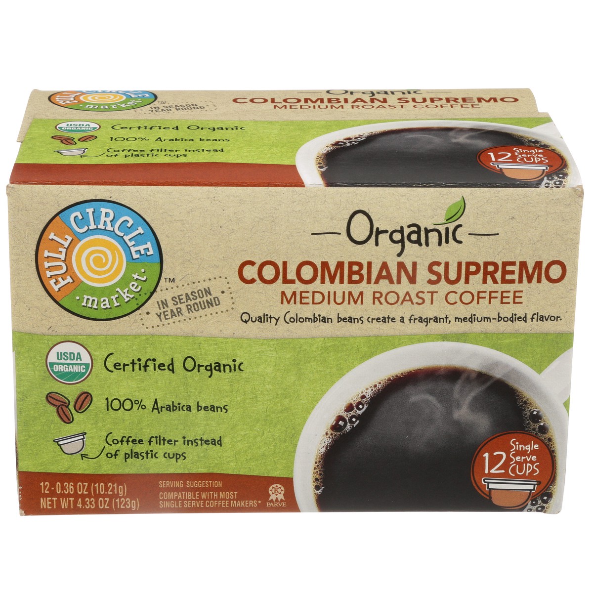 slide 1 of 11, Full Circle Market Medium Roast Colombian Supremo 100% Arabica Coffee Single Serve Cups, 4.33 oz