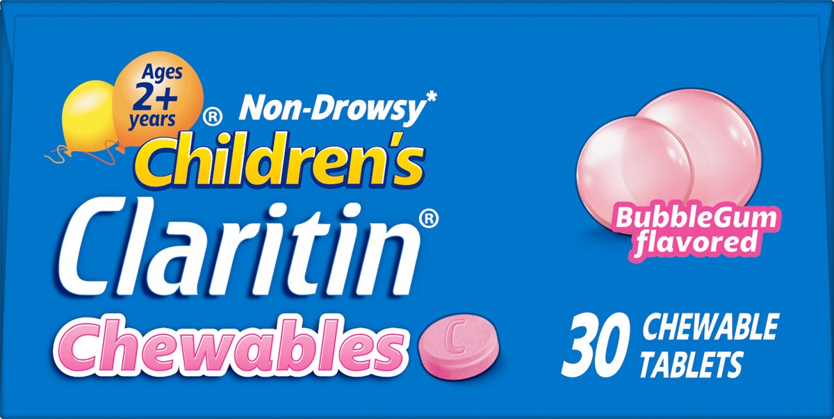 slide 9 of 11, Children's Claritin Loratadine Allergy Relief 24 Hour Non-Drowsy Bubble Gum Chewable Tablets - 30c, 30 ct