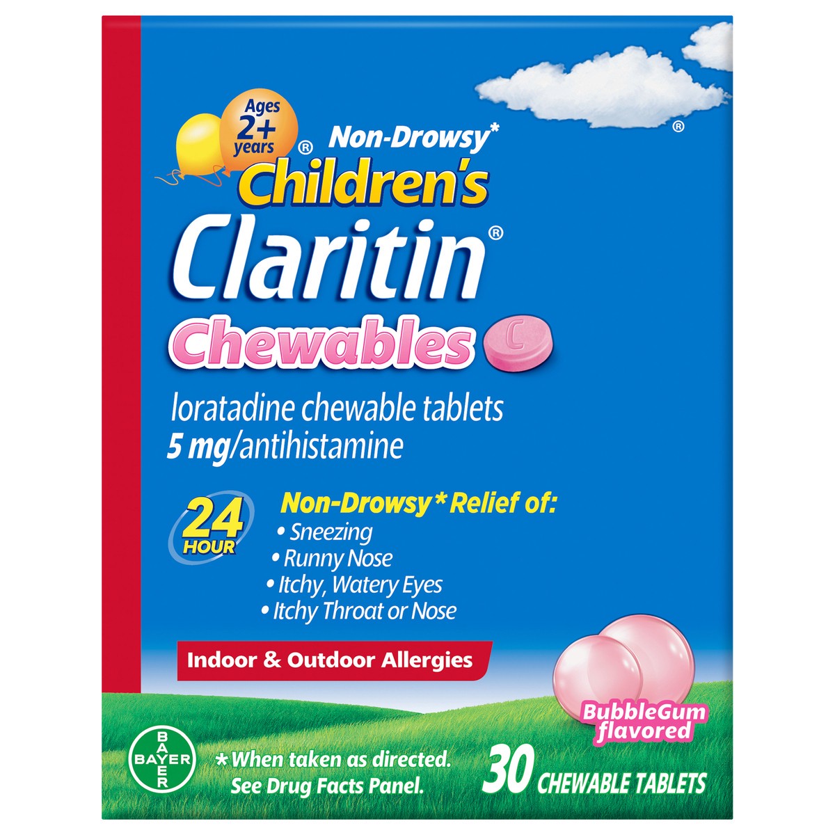 slide 8 of 11, Children's Claritin Loratadine Allergy Relief 24 Hour Non-Drowsy Bubble Gum Chewable Tablets - 30c, 30 ct