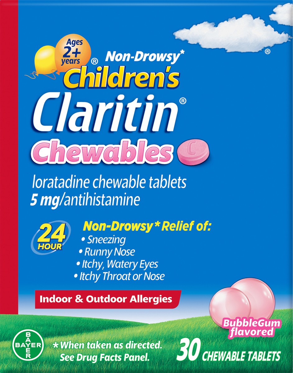 slide 5 of 11, Children's Claritin Loratadine Allergy Relief 24 Hour Non-Drowsy Bubble Gum Chewable Tablets - 30c, 30 ct