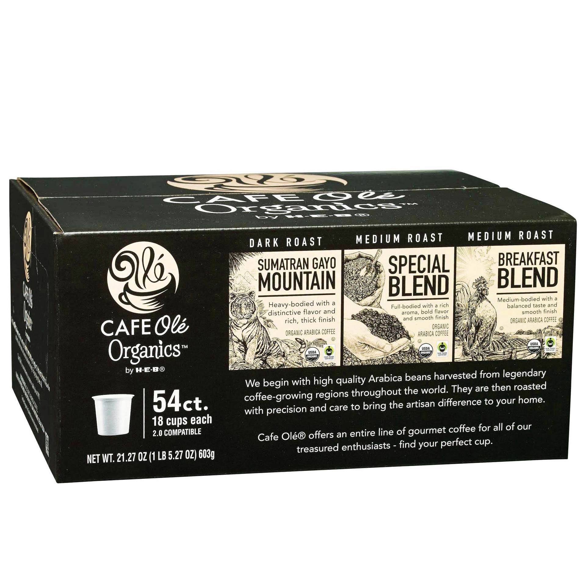 slide 1 of 1, CAFE Olé Organics by H-E-B Sumatran Gayo Mountain, Special Blend & Breakfast Blend Coffee Single Serve Cups Variety Pack, 54 ct