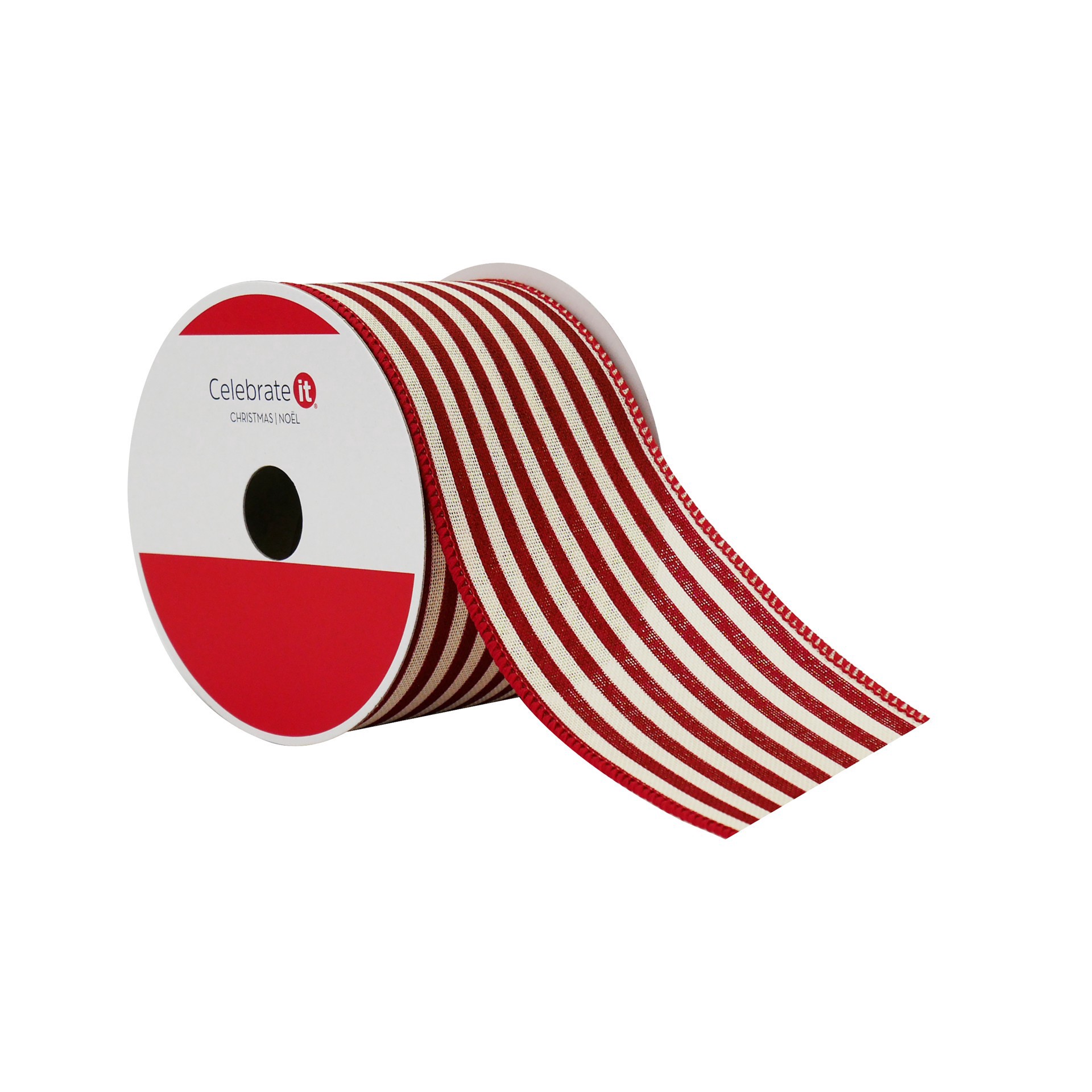 slide 2 of 3, 2.5" X 20ft. Red Ticking Stripes Wired Ribbon By Celebrate It, 2.5 in x 20 ft