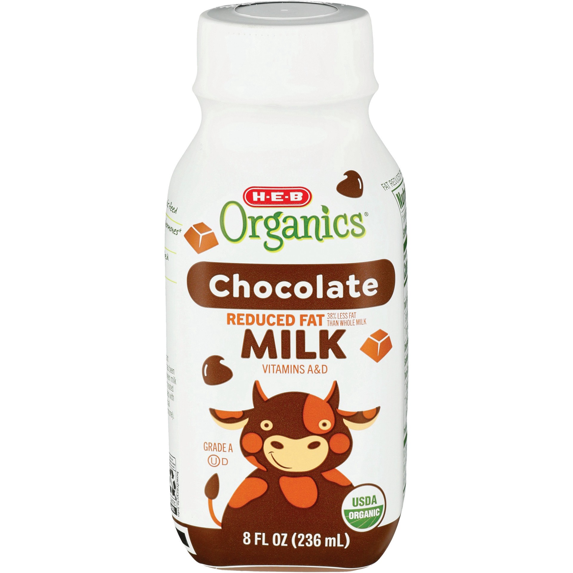 slide 1 of 1, H-E-B Organics Reduced Fat Chocolate Milk, 8 oz