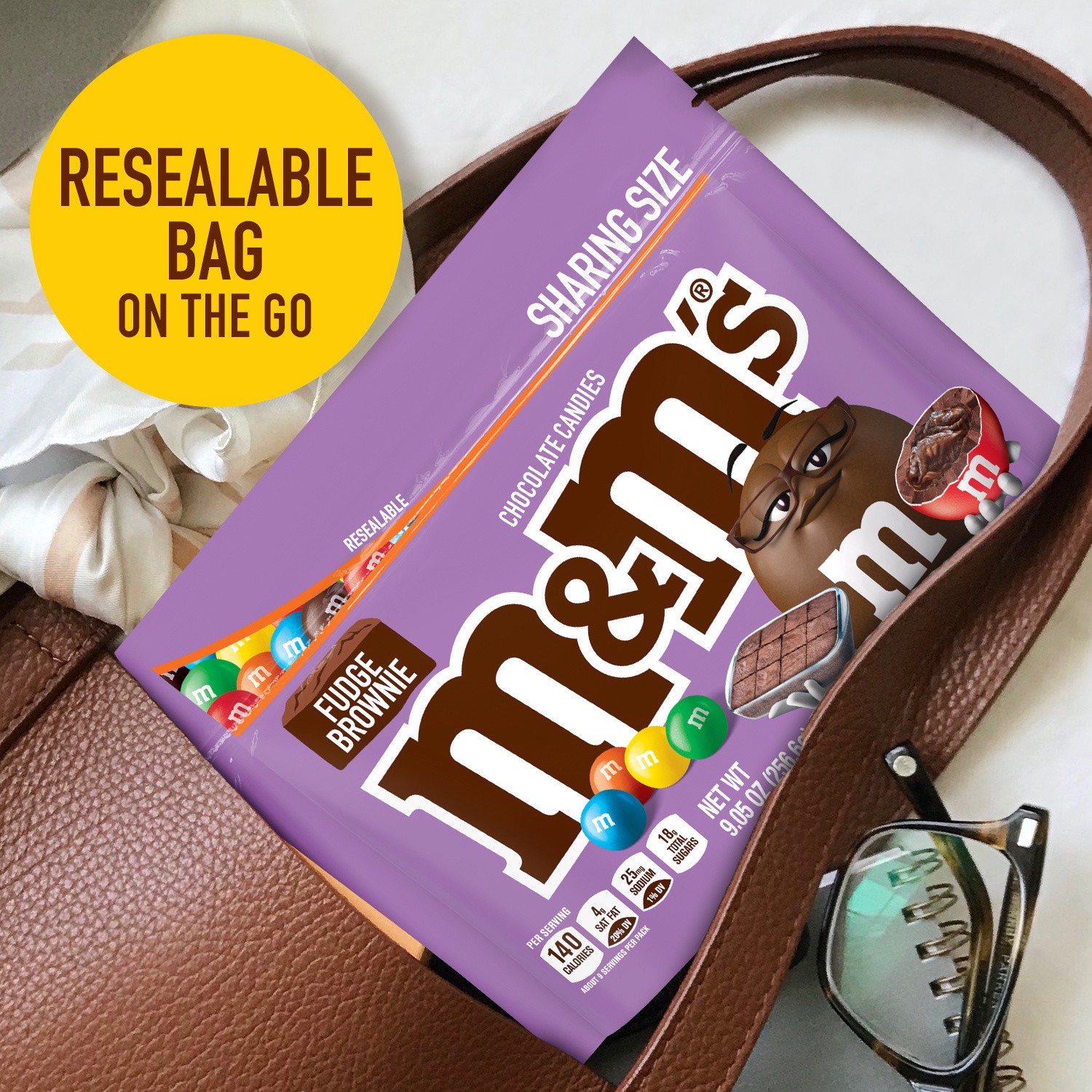 slide 3 of 8, M&M's Fudge Brownie Chocolate Candy, Sharing Size, 9.05 oz Bag, 9.05 oz