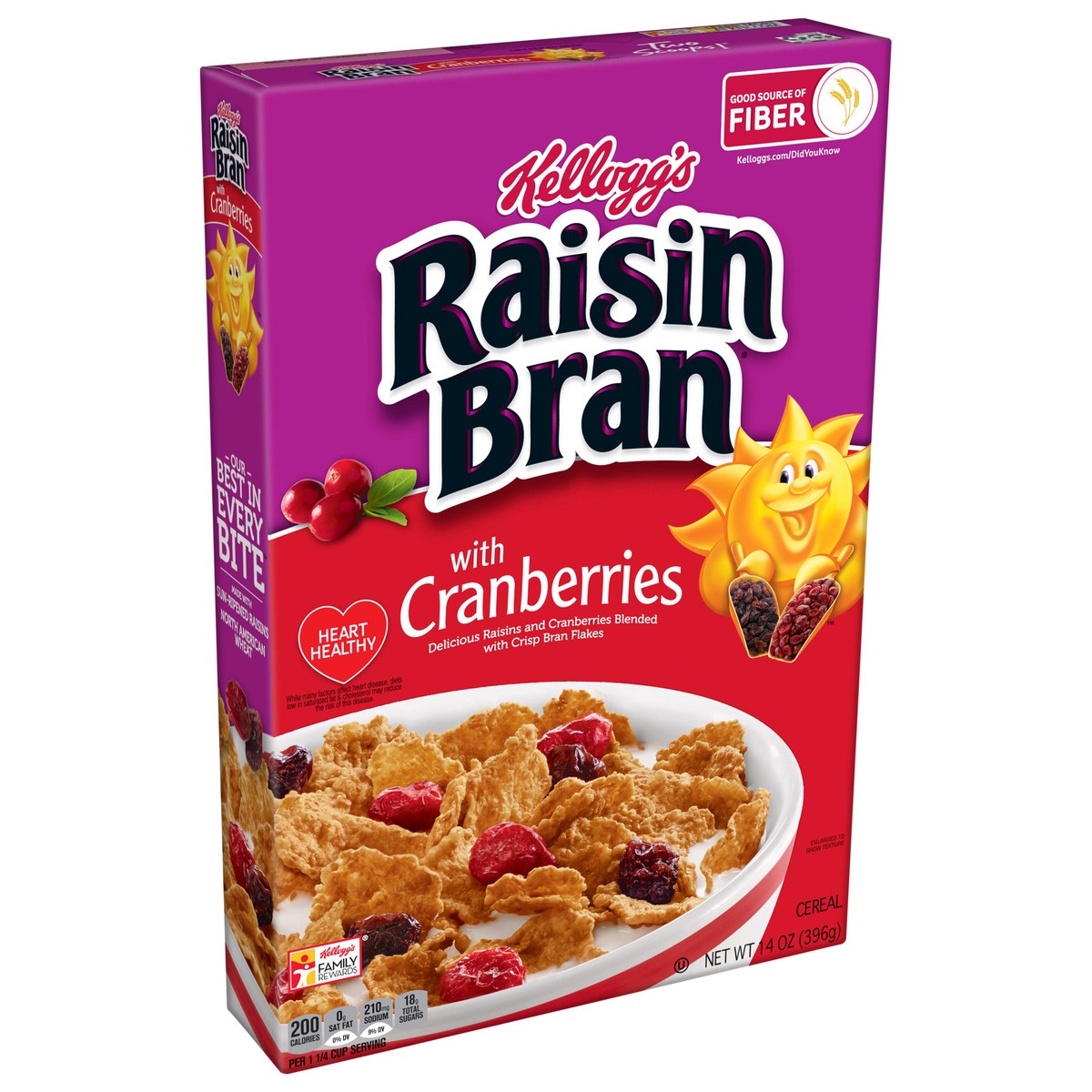 slide 8 of 8, Raisin Bran Kellogg's Raisin Bran Cold Breakfast Cereal, Fiber Cereal, Heart Healthy, Original with Cranberries, 14oz Box, 1 Box, 14 oz