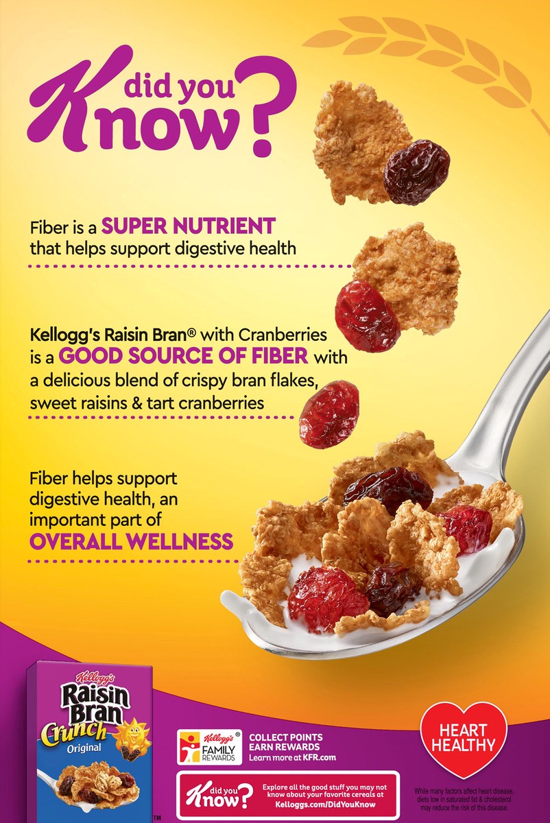 slide 7 of 8, Raisin Bran Kellogg's Raisin Bran Cold Breakfast Cereal, Fiber Cereal, Heart Healthy, Original with Cranberries, 14oz Box, 1 Box, 14 oz