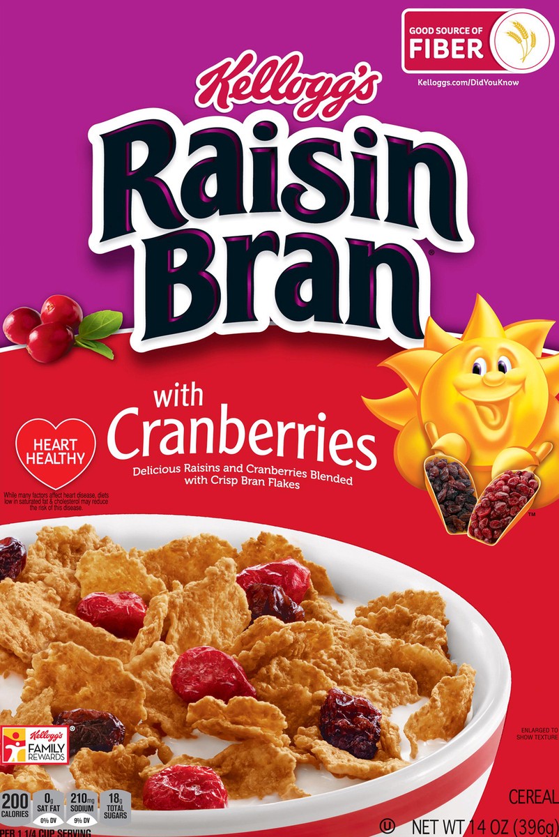 slide 4 of 8, Raisin Bran Kellogg's Raisin Bran Cold Breakfast Cereal, Fiber Cereal, Heart Healthy, Original with Cranberries, 14oz Box, 1 Box, 14 oz