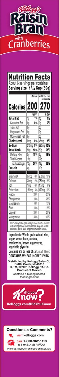 slide 7 of 8, Raisin Bran Kellogg's Raisin Bran Cold Breakfast Cereal, Fiber Cereal, Heart Healthy, Original with Cranberries, 14oz Box, 1 Box, 14 oz