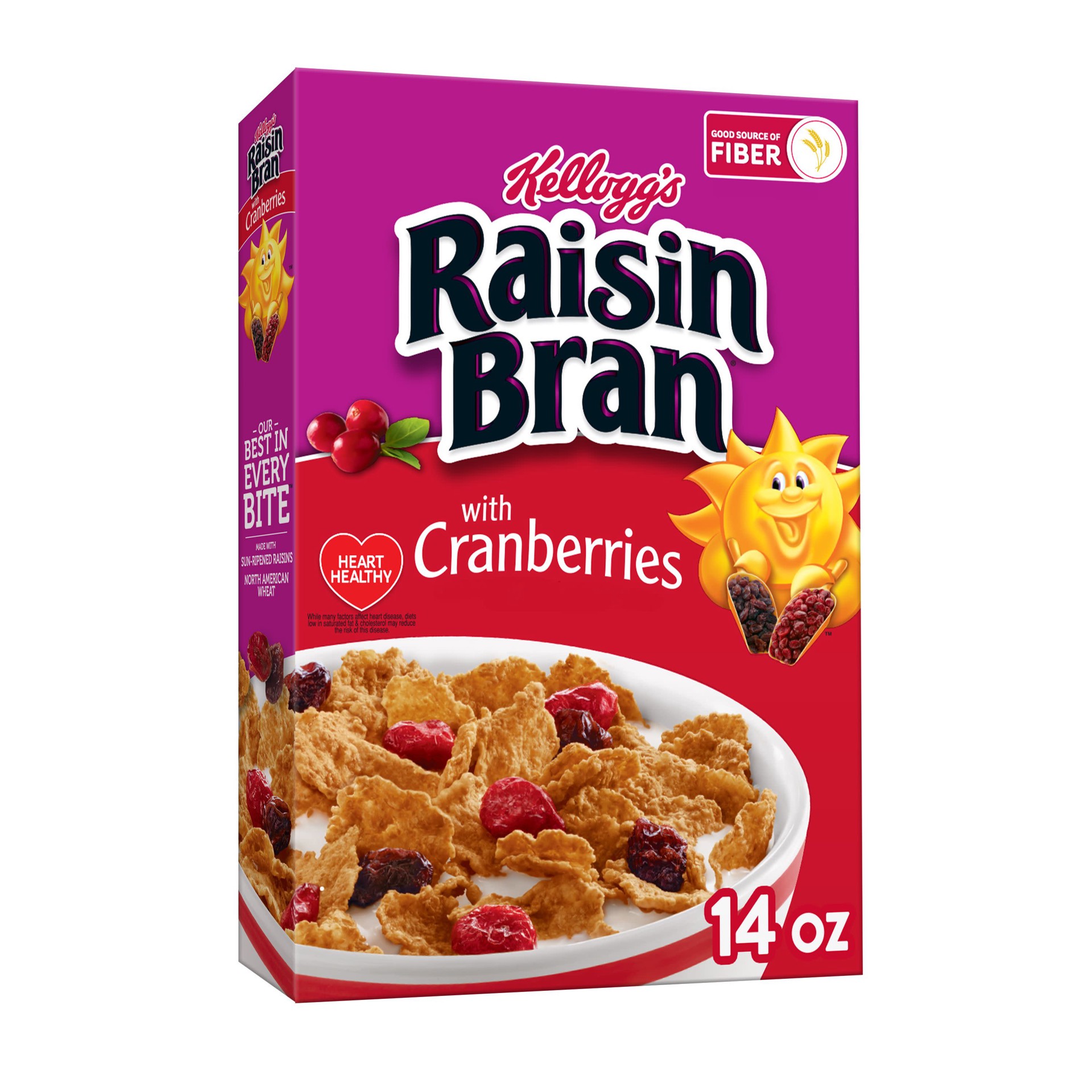 slide 1 of 8, Raisin Bran Kellogg's Raisin Bran Cold Breakfast Cereal, Fiber Cereal, Heart Healthy, Original with Cranberries, 14oz Box, 1 Box, 14 oz