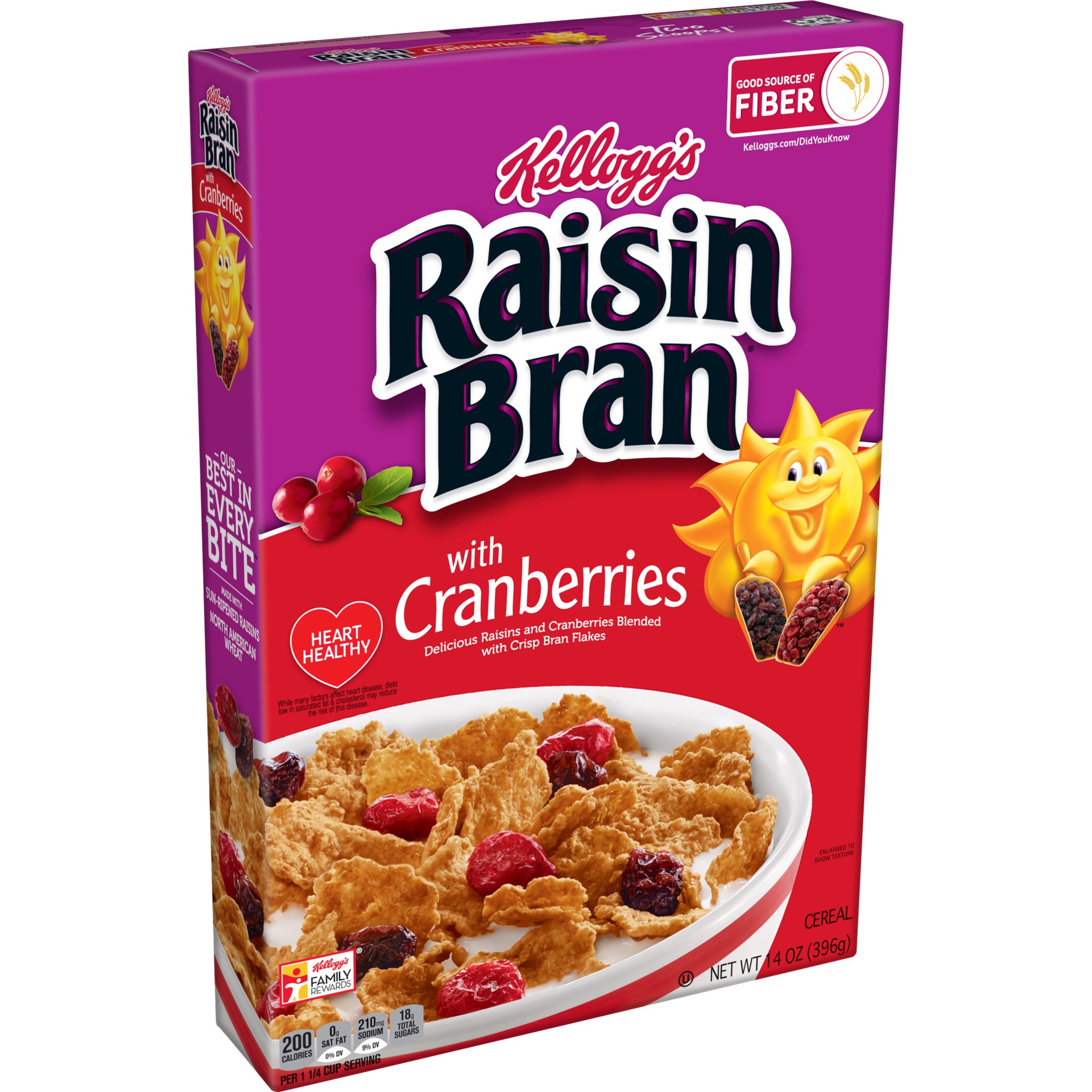 slide 1 of 8, Raisin Bran Kellogg's Raisin Bran Cold Breakfast Cereal, Fiber Cereal, Heart Healthy, Original with Cranberries, 14oz Box (1 Box), 14 oz