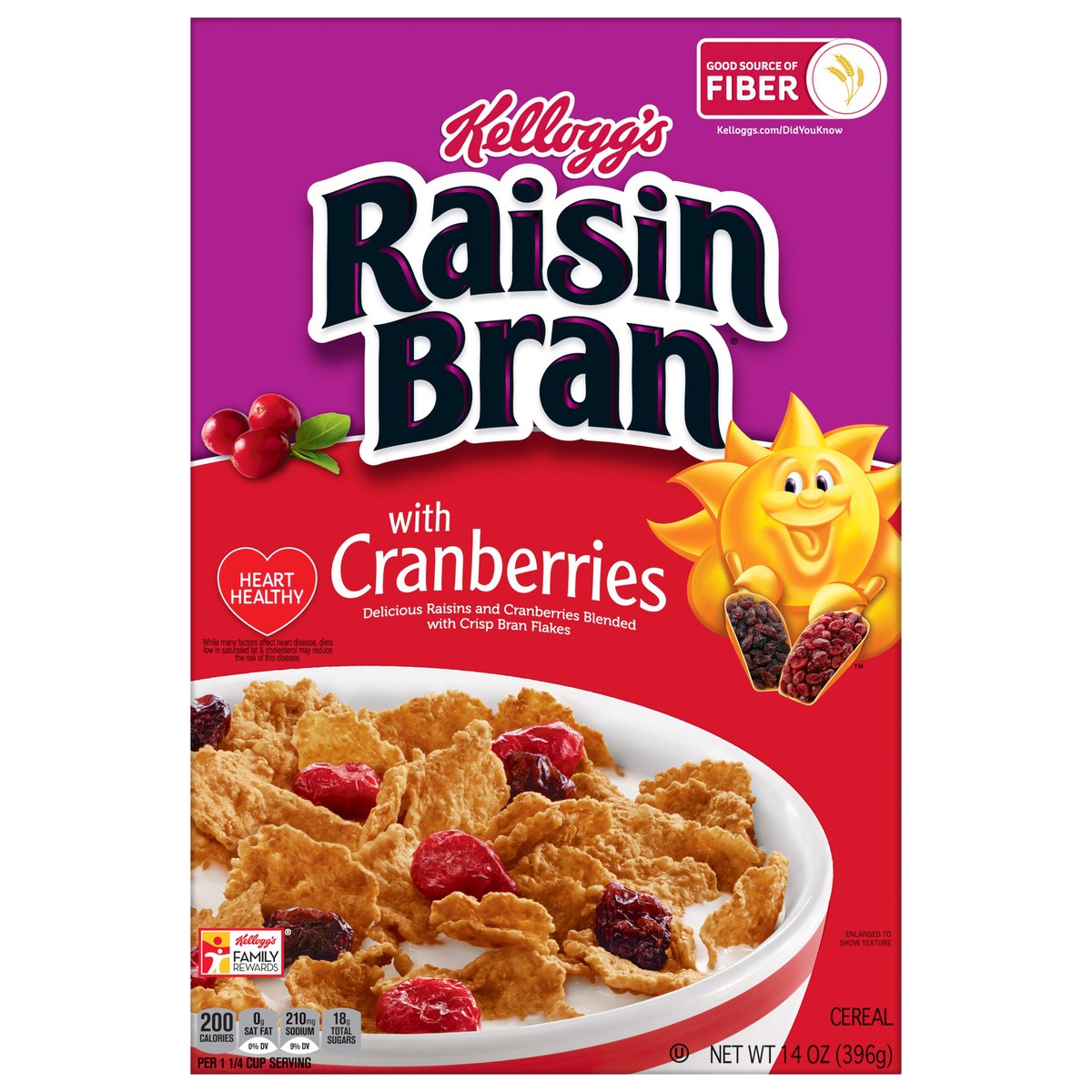 slide 1 of 8, Raisin Bran Kellogg's Raisin Bran Cold Breakfast Cereal, Fiber Cereal, Heart Healthy, Original with Cranberries, 14oz Box, 1 Box, 14 oz