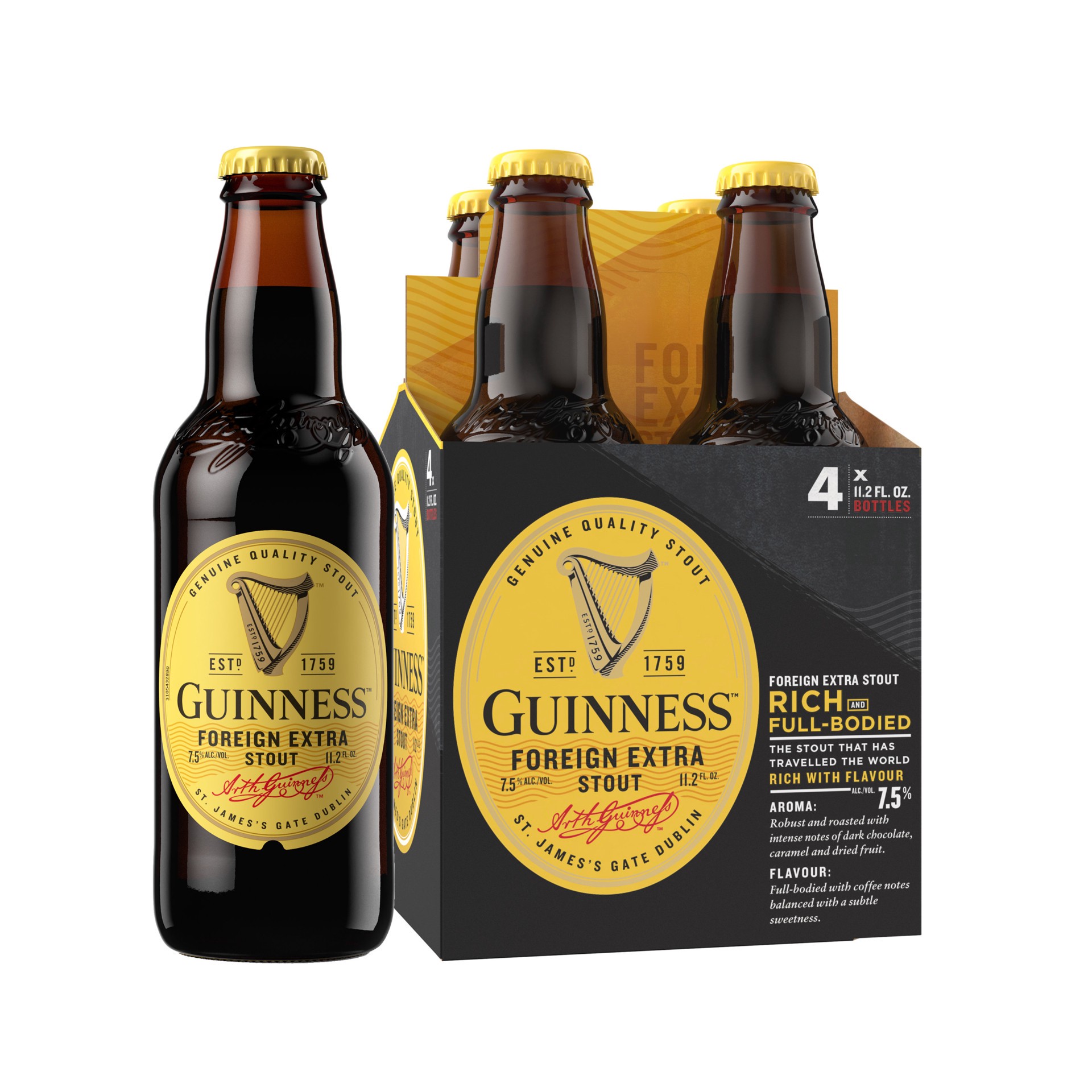 slide 1 of 10, Guinness Foreign Extra Stout Import Beer, 11.2 fl oz, 4 Pack Bottles, 7.5% ABV, 11.2 fl oz