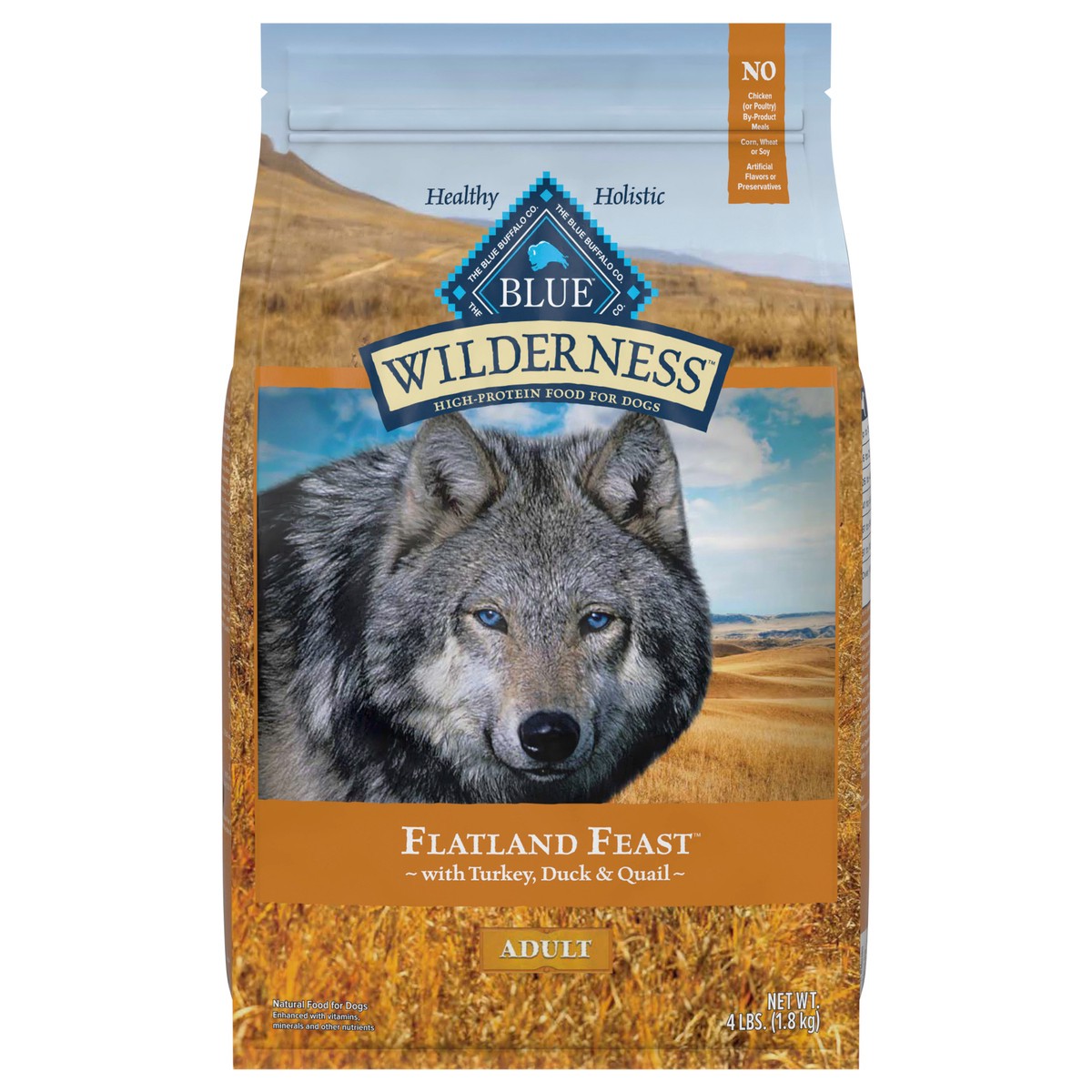 slide 13 of 13, Blue Buffalo Wilderness Flatland Feast High Protein, Natural Dry Dog Food with Turkey, Quail & Duck 4-lb, 4 lb