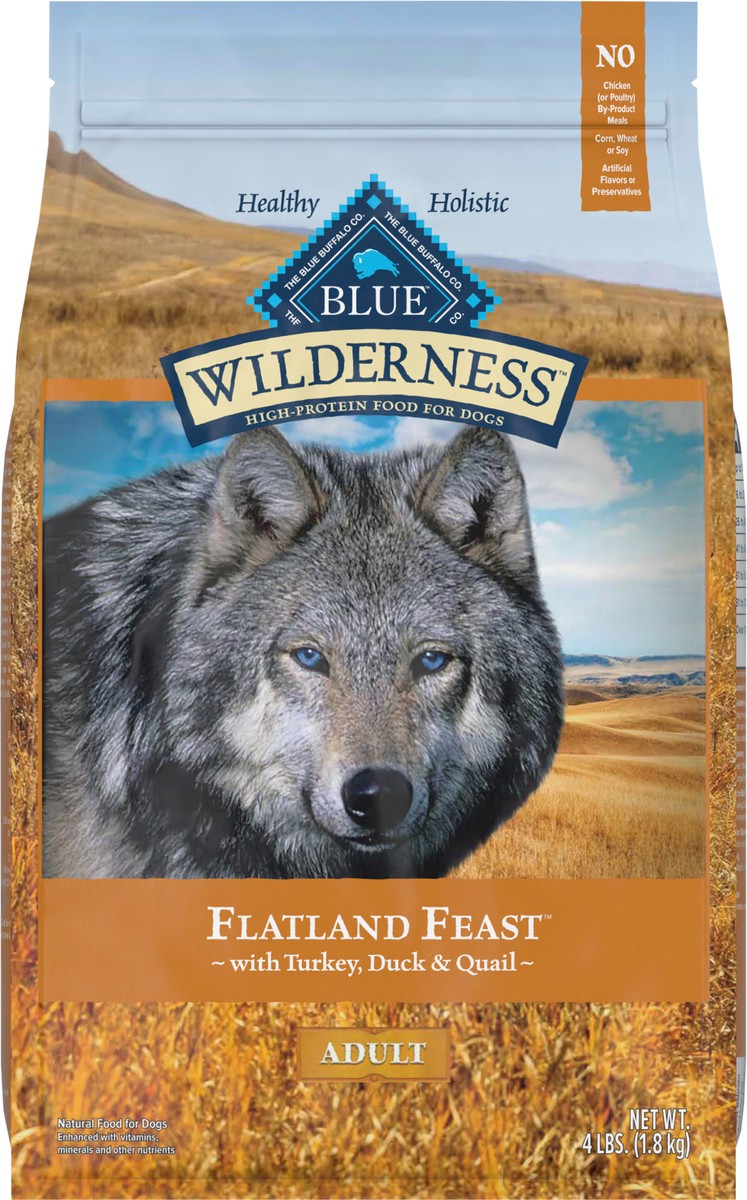 slide 10 of 13, Blue Buffalo Wilderness Flatland Feast High Protein, Natural Dry Dog Food with Turkey, Quail & Duck 4-lb, 4 lb