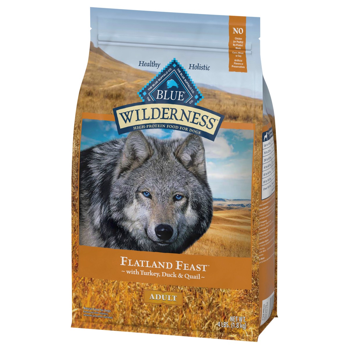 slide 4 of 13, Blue Buffalo Wilderness Flatland Feast High Protein, Natural Dry Dog Food with Turkey, Quail & Duck 4-lb, 4 lb