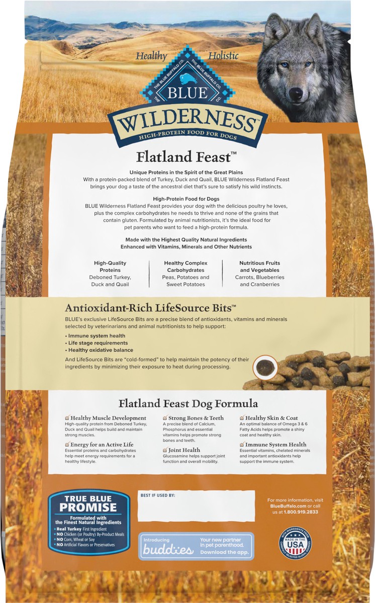 slide 6 of 13, Blue Buffalo Wilderness Flatland Feast High Protein, Natural Dry Dog Food with Turkey, Quail & Duck 4-lb, 4 lb