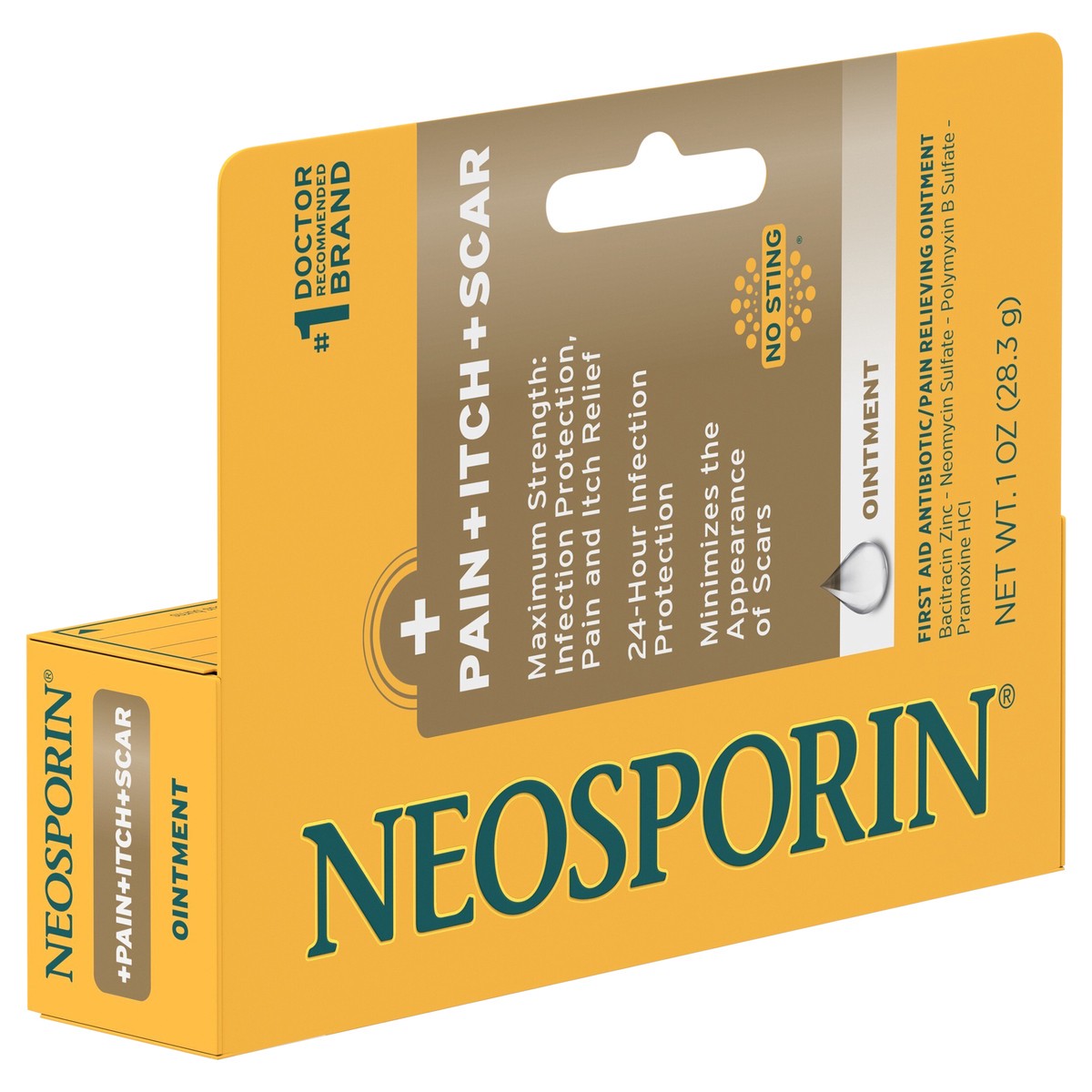 slide 2 of 8, Neosporin First Aid Antibiotic Pain-Relieving, Anti-Itch, & Scar Ointment with Neomycin, Bacitracin Zinc, Pramoxine HCl & Polymyxin B, for Minor Cuts, Scrapes & Burns, 1 oz, 1 oz