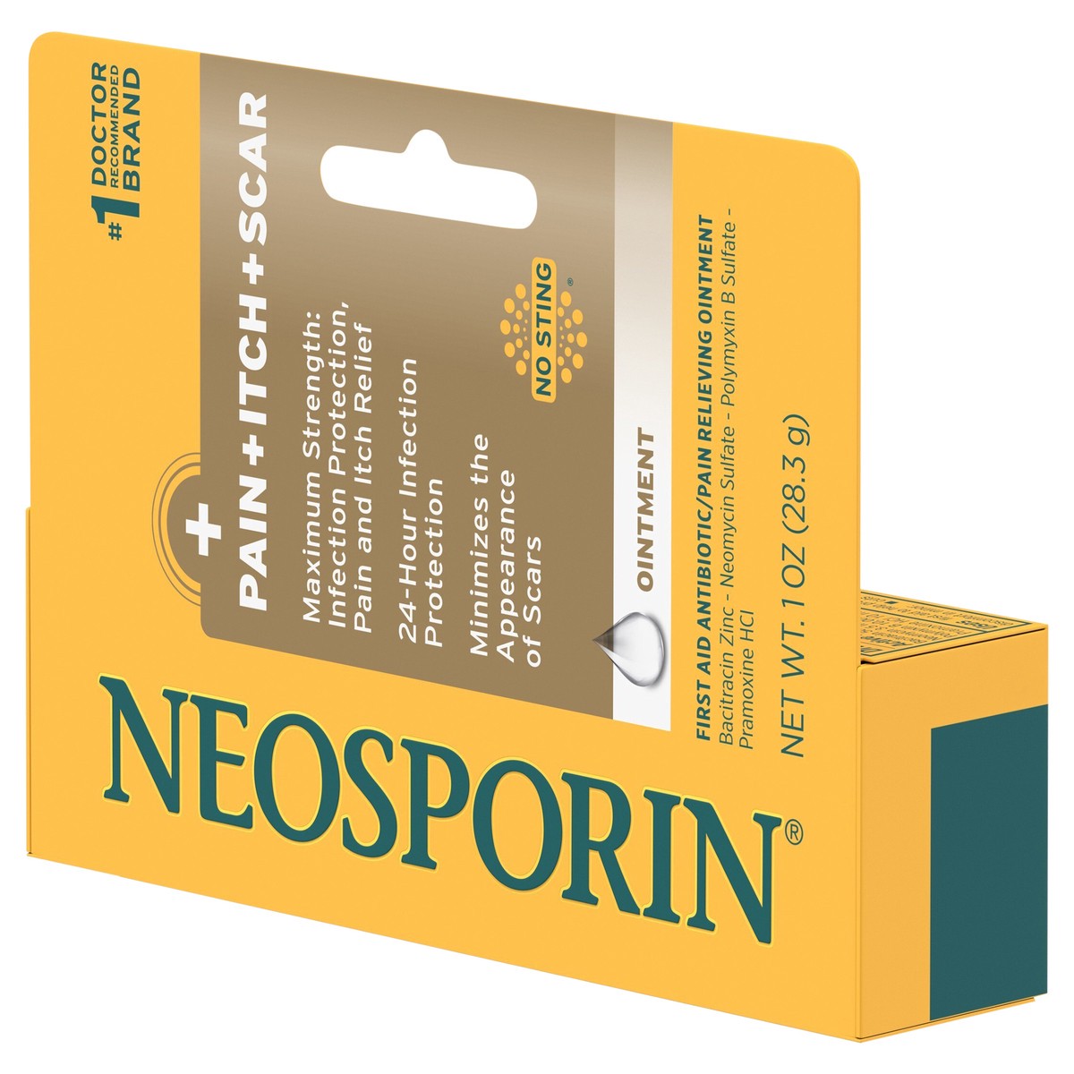 slide 3 of 8, Neosporin First Aid Antibiotic Pain-Relieving, Anti-Itch, & Scar Ointment with Neomycin, Bacitracin Zinc, Pramoxine HCl & Polymyxin B, for Minor Cuts, Scrapes & Burns, 1 oz, 1 oz