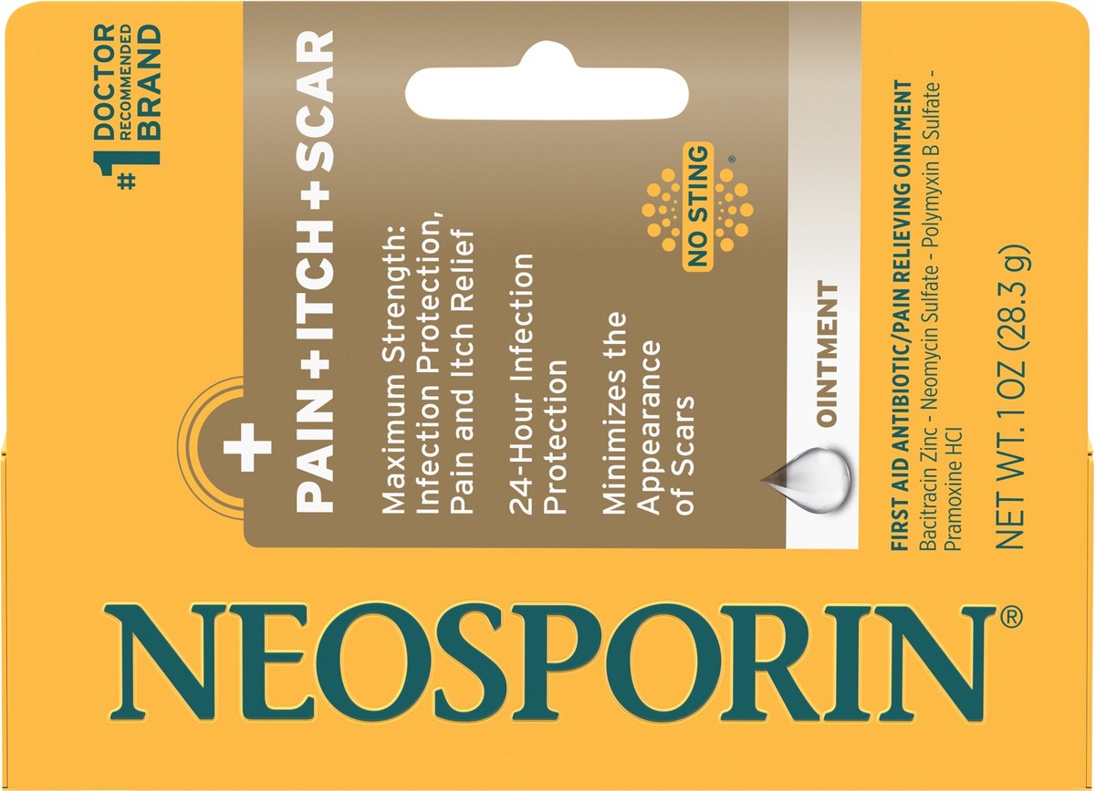 slide 6 of 8, Neosporin First Aid Antibiotic Pain-Relieving, Anti-Itch, & Scar Ointment with Neomycin, Bacitracin Zinc, Pramoxine HCl & Polymyxin B, for Minor Cuts, Scrapes & Burns, 1 oz, 1 oz