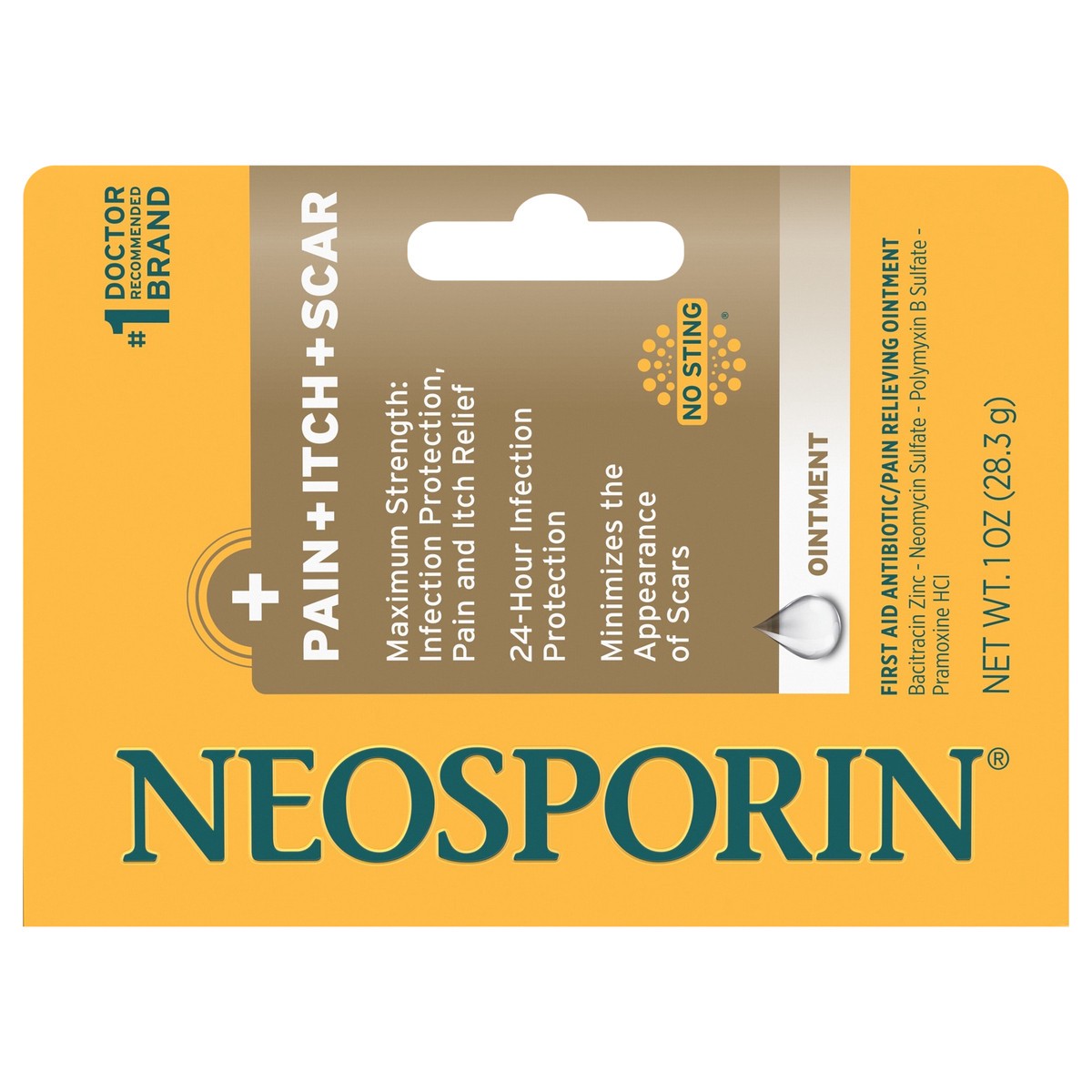 slide 1 of 8, Neosporin First Aid Antibiotic Pain-Relieving, Anti-Itch, & Scar Ointment with Neomycin, Bacitracin Zinc, Pramoxine HCl & Polymyxin B, for Minor Cuts, Scrapes & Burns, 1 oz, 1 oz