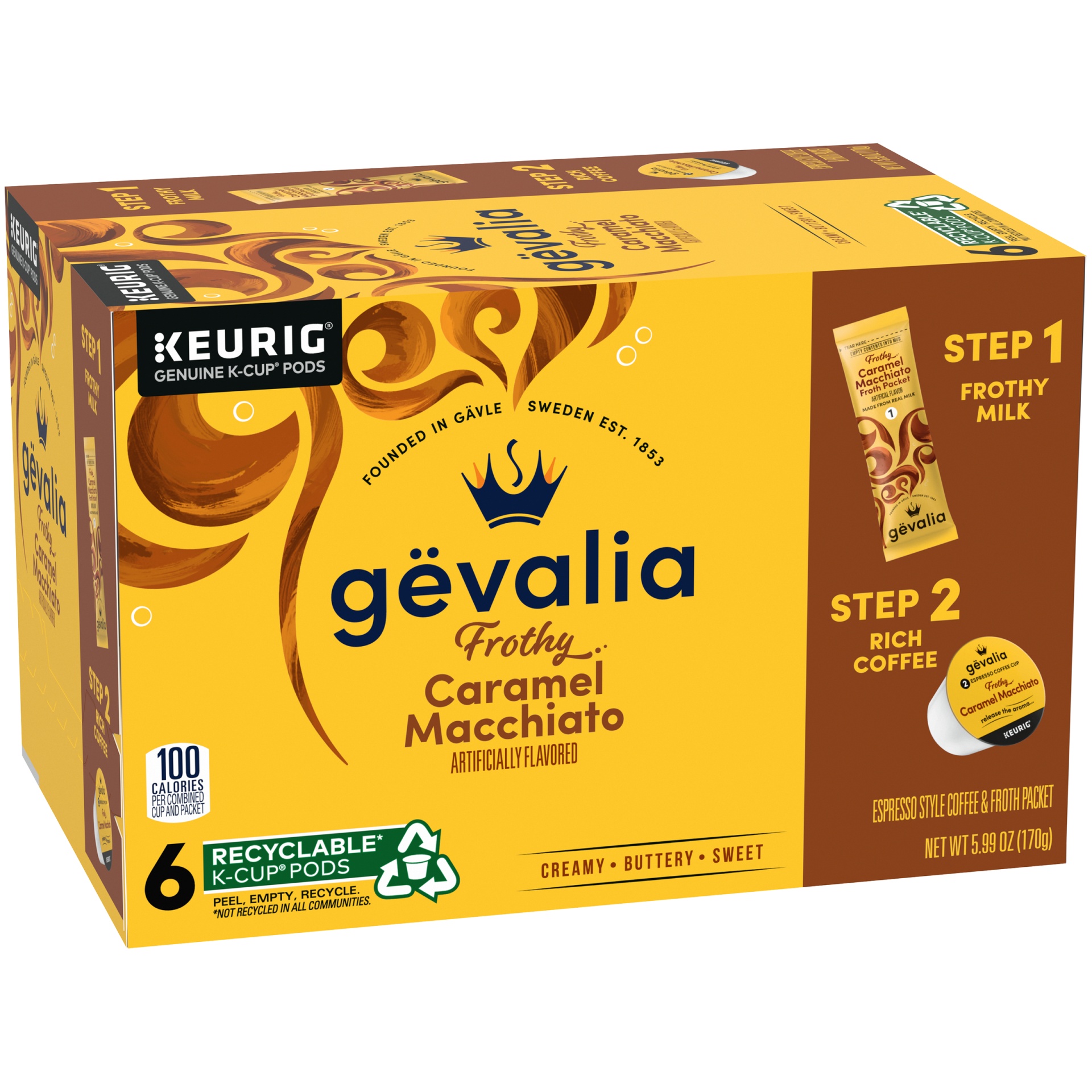 Gevalia Kaffe Espresso KCup Pods & Macchiato Froth Packets Caramel 6