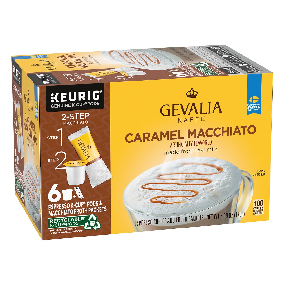 slide 8 of 9, Gevalia Frothy 2-Step Caramel Macchiato Espresso K-Cup Coffee Pods & Froth Packets Kit, 6 ct Box, 6 ct