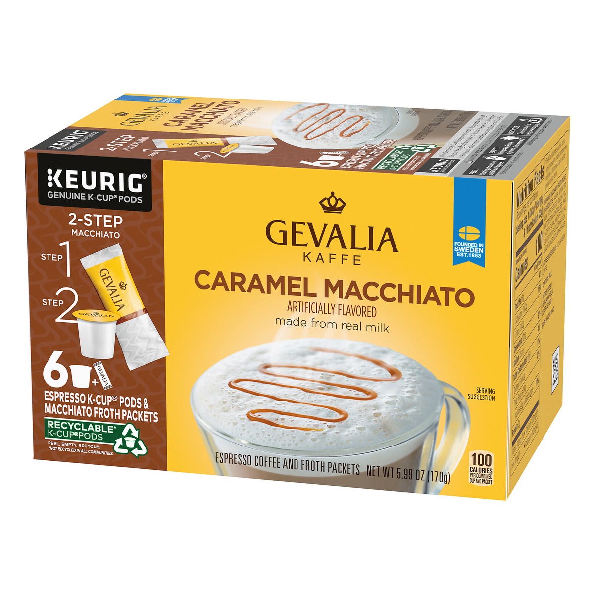 slide 4 of 9, Gevalia Frothy 2-Step Caramel Macchiato Espresso K-Cup Coffee Pods & Froth Packets Kit, 6 ct Box, 6 ct