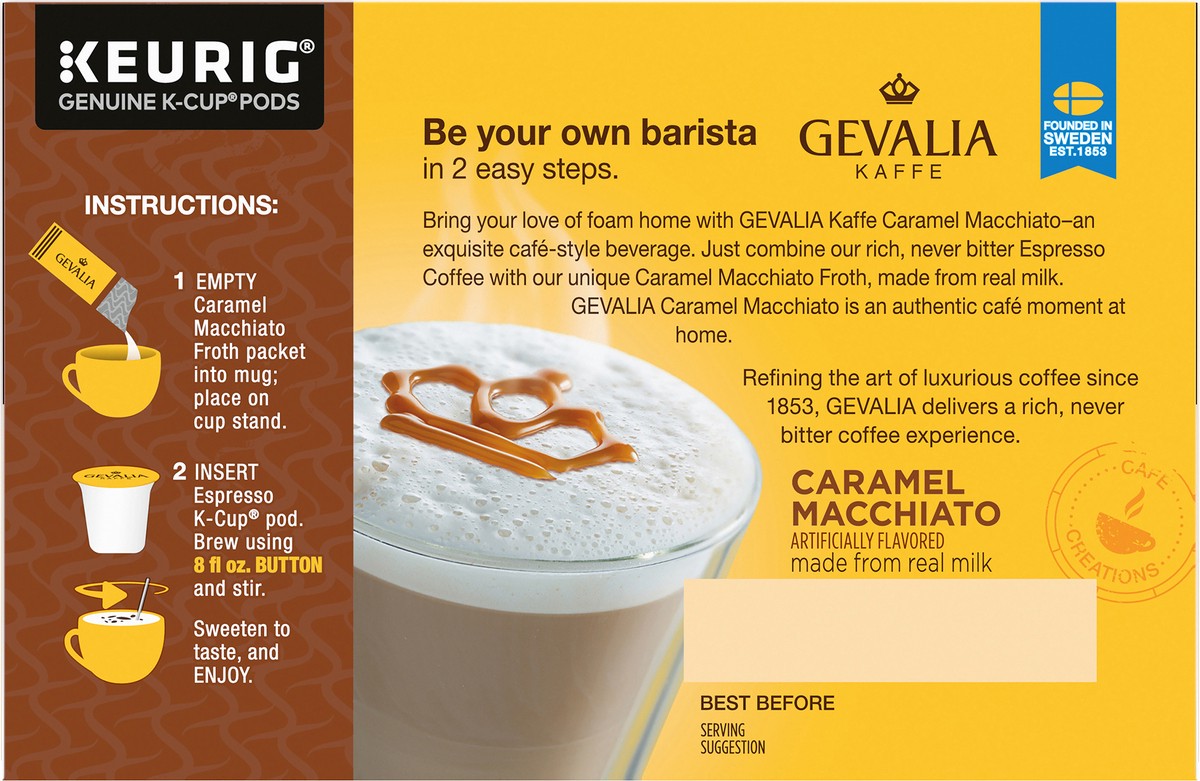 slide 6 of 9, Gevalia Frothy 2-Step Caramel Macchiato Espresso K-Cup Coffee Pods & Froth Packets Kit, 6 ct Box, 6 ct