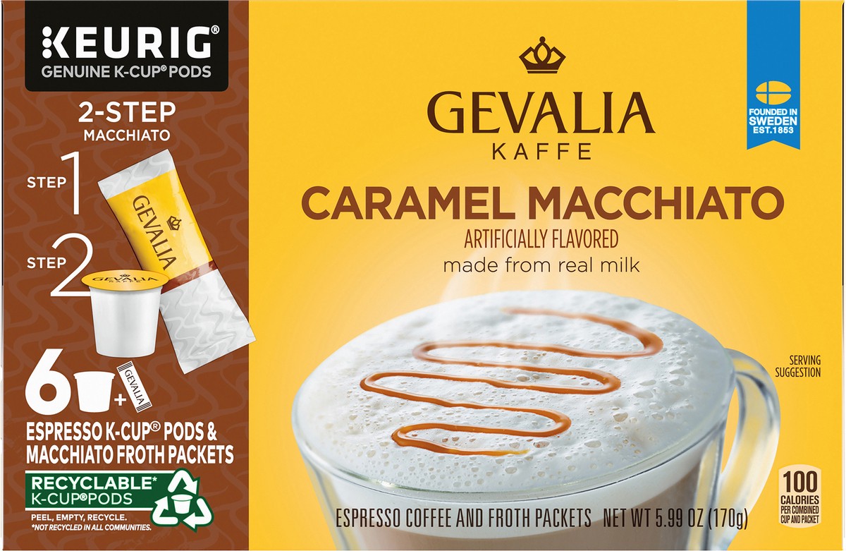 slide 2 of 9, Gevalia Frothy 2-Step Caramel Macchiato Espresso K-Cup Coffee Pods & Froth Packets Kit, 6 ct Box, 6 ct