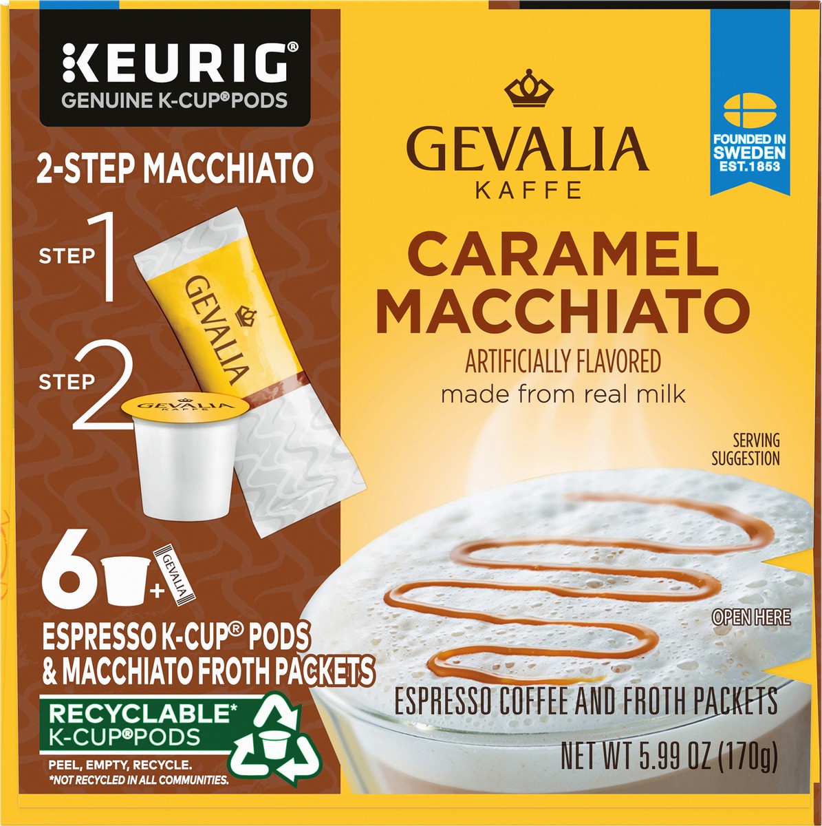 slide 9 of 9, Gevalia Frothy 2-Step Caramel Macchiato Espresso K-Cup Coffee Pods & Froth Packets Kit, 6 ct Box, 6 ct