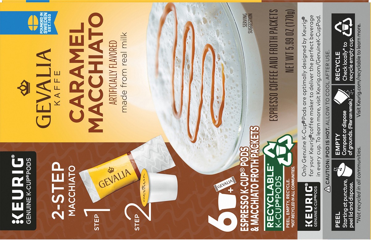 slide 7 of 9, Gevalia Frothy 2-Step Caramel Macchiato Espresso K-Cup Coffee Pods & Froth Packets Kit, 6 ct Box, 6 ct