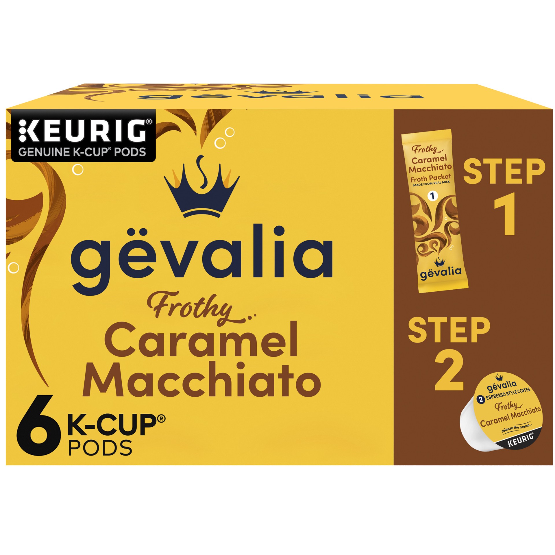 slide 1 of 9, Gevalia Frothy 2-Step Caramel Macchiato Espresso K-Cup Coffee Pods & Froth Packets Kit, 6 ct Box, 6 ct