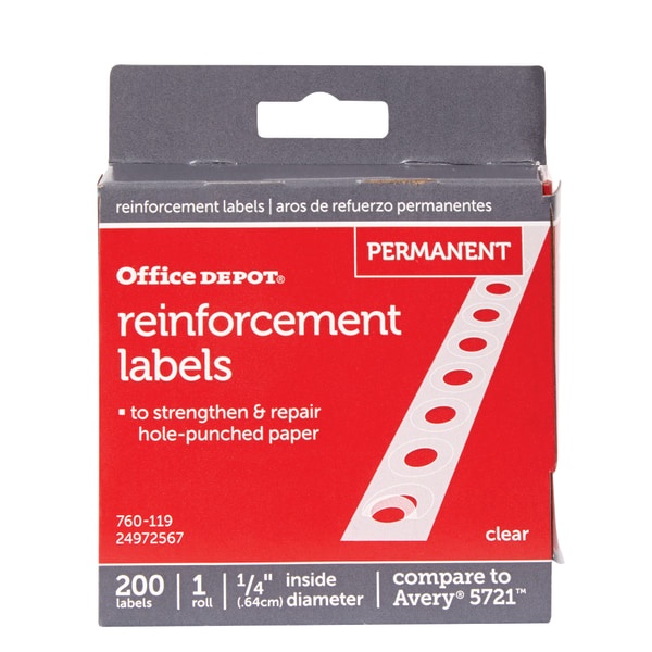 slide 1 of 3, Office Depot Brand Permanent Self-Adhesive Reinforcement Labels, 1/4'' Diameter, Clear, Pack Of 200, 200 ct