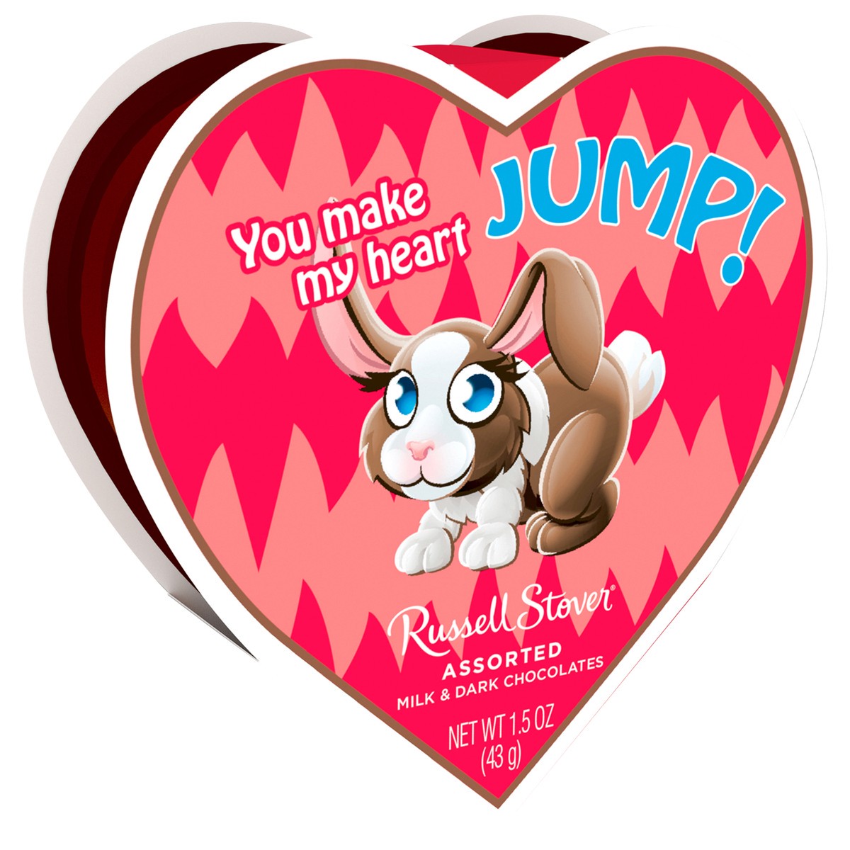 slide 11 of 12, RUSSELL STOVER Valentine's Day Pals Heart Assorted Milk & Dark Chocolate Gift Box, 1.5 oz. (3 pieces), 3 ct