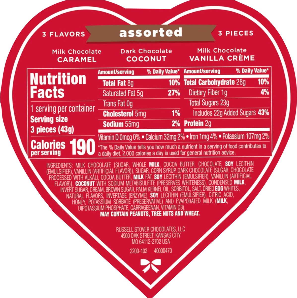 slide 2 of 12, RUSSELL STOVER Valentine's Day Pals Heart Assorted Milk & Dark Chocolate Gift Box, 1.5 oz. (3 pieces), 3 ct