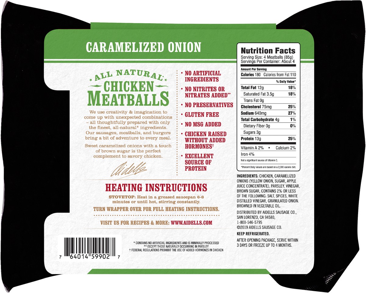 slide 3 of 3, Aidells Carmelizd Onion Chicken Meatballs, 12 oz