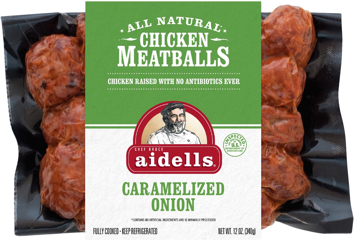 slide 2 of 3, Aidells Carmelizd Onion Chicken Meatballs, 12 oz