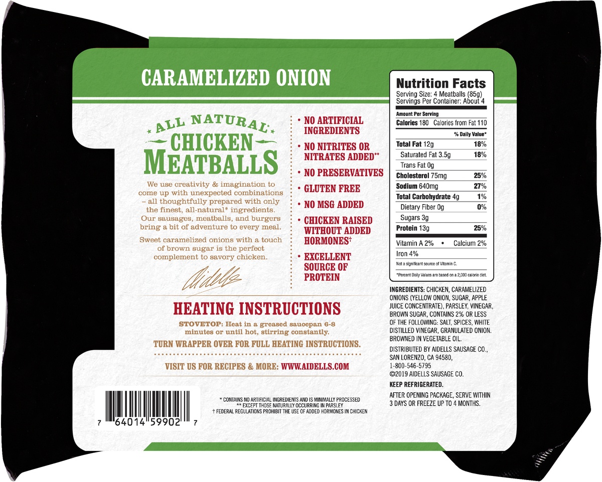 slide 5 of 5, Aidells Caramelized Onion Chicken Meatballs, 12 oz