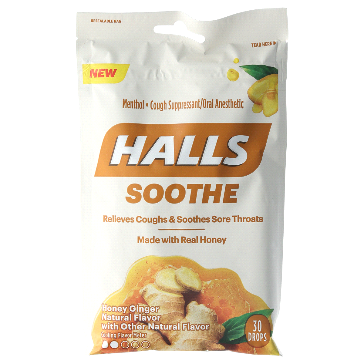 slide 1 of 7, Halls Soothe Honey Ginger Cough Suppressant/Oral Anesthetic Drops, 30 ct