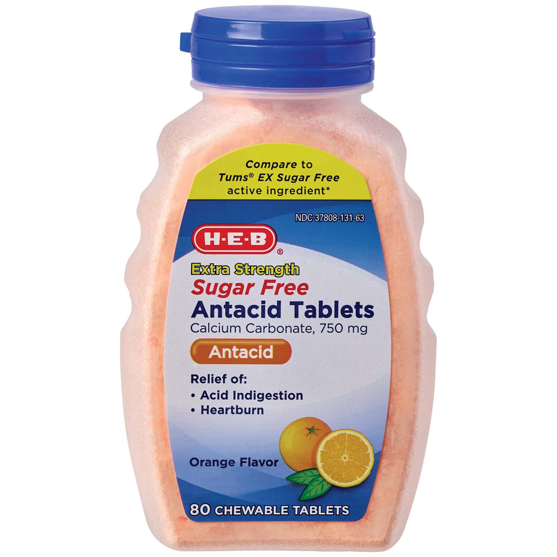 slide 1 of 1, H-E-B Extra Strength Sugar-Free Antacid Orange Flavor Chewable Tablets, 80 ct