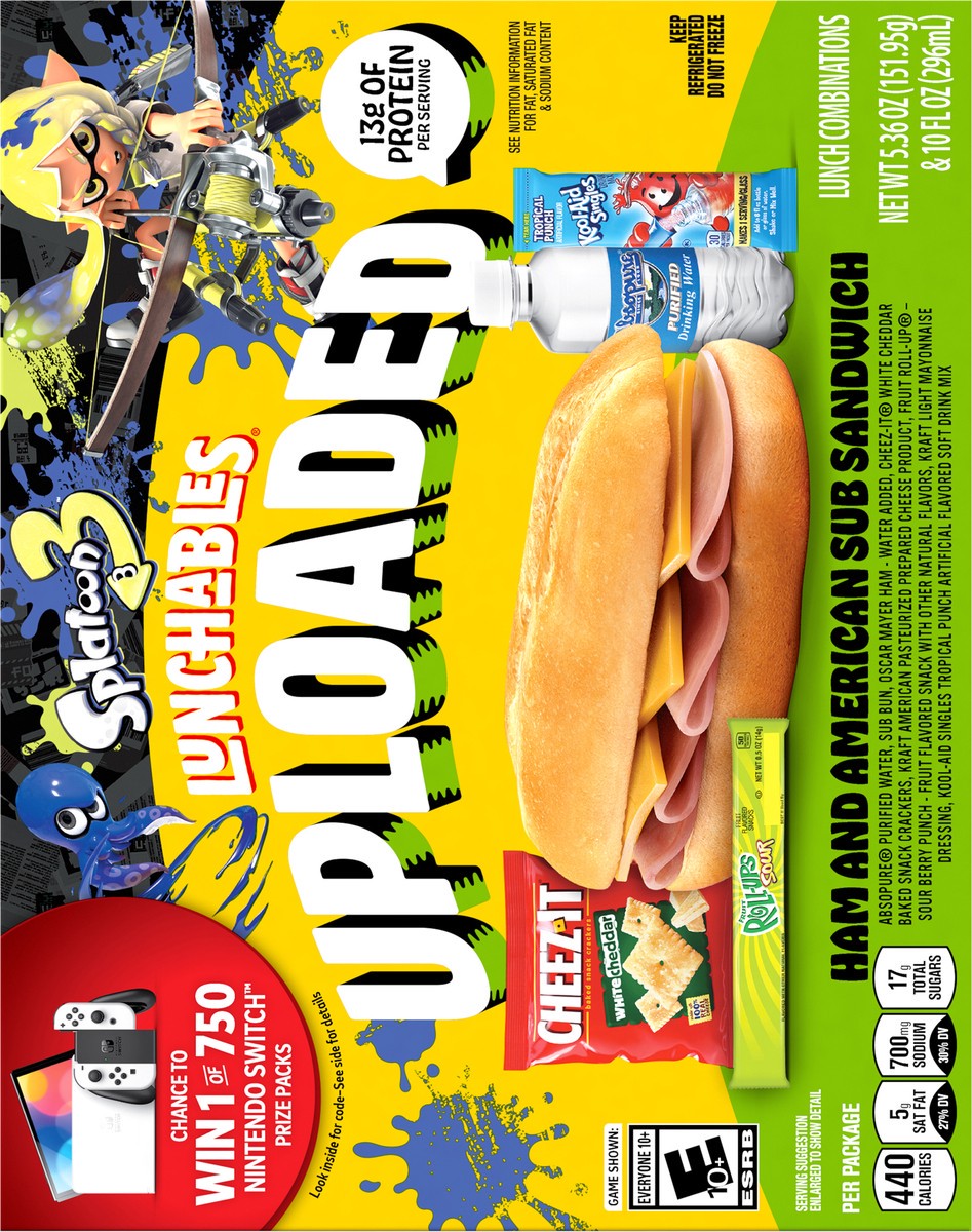 slide 4 of 9, Lunchables Uploaded Ham and American Sub Sandwich with White Cheddar Cheez-Its, Fruit Roll-Up Sour, Water and Kool-Aid Powdered Drink Mix, 15.36 oz Box, 1 ct