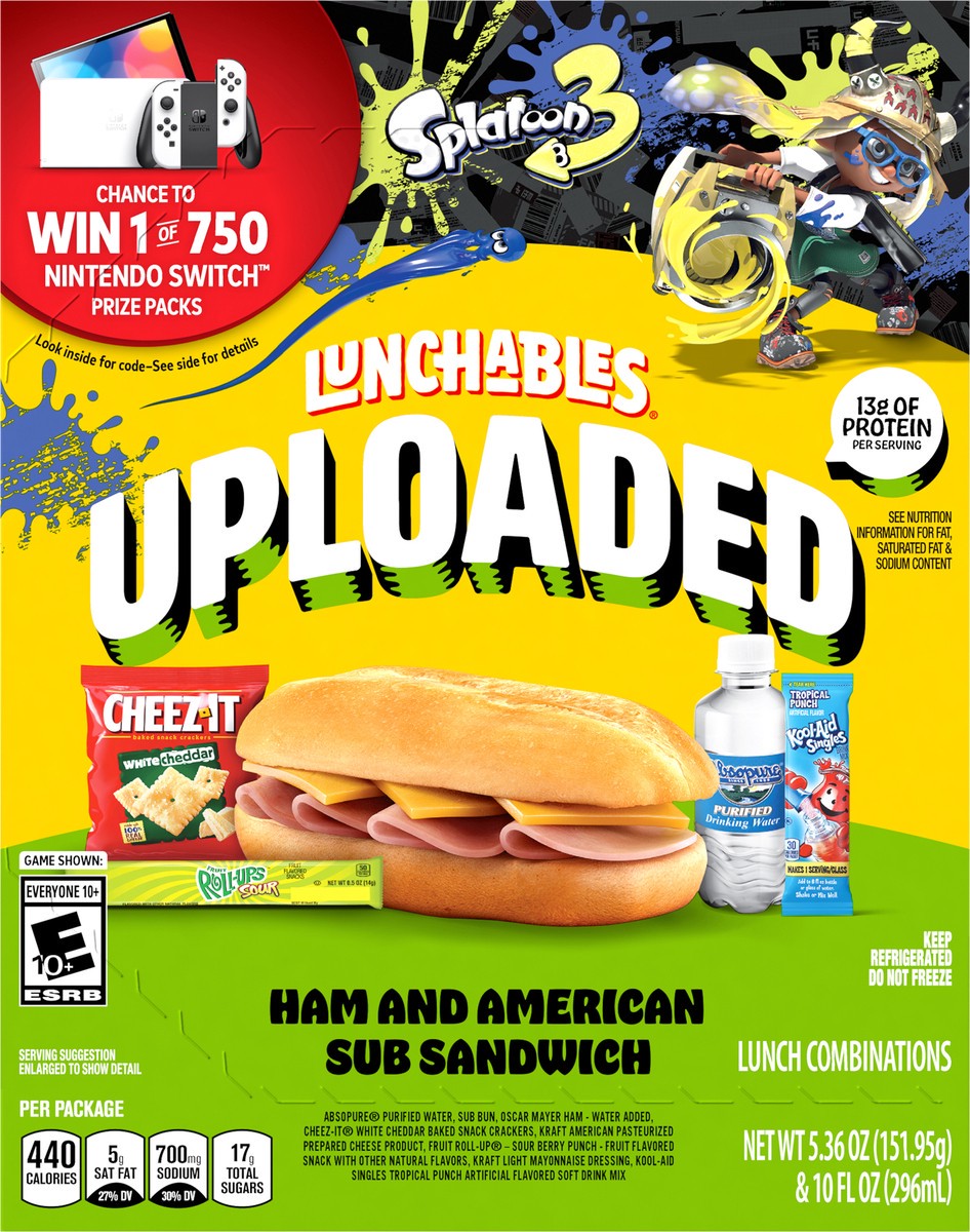 slide 8 of 9, Lunchables Uploaded Ham and American Sub Sandwich with White Cheddar Cheez-Its, Fruit Roll-Up Sour, Water and Kool-Aid Powdered Drink Mix, 15.36 oz Box, 1 ct