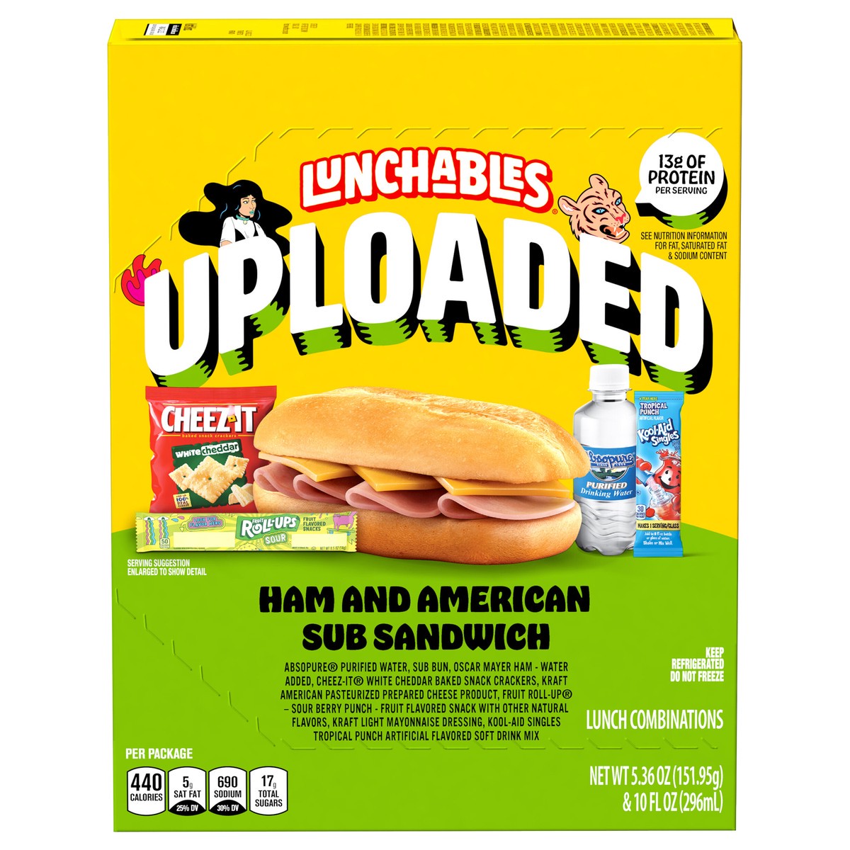 slide 1 of 9, Lunchables Uploaded Ham and American Sub Sandwich with White Cheddar Cheez-Its, Fruit Roll-Up Sour, Water and Kool-Aid Powdered Drink Mix, 15.36 oz Box, 1 ct