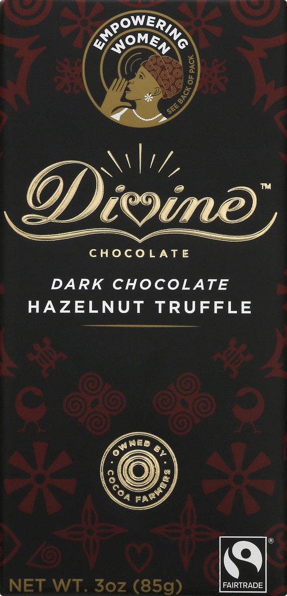 slide 8 of 9, Divine Chocolate Hazelnut Truffle Dark Chocolate 3 oz, 123 oz