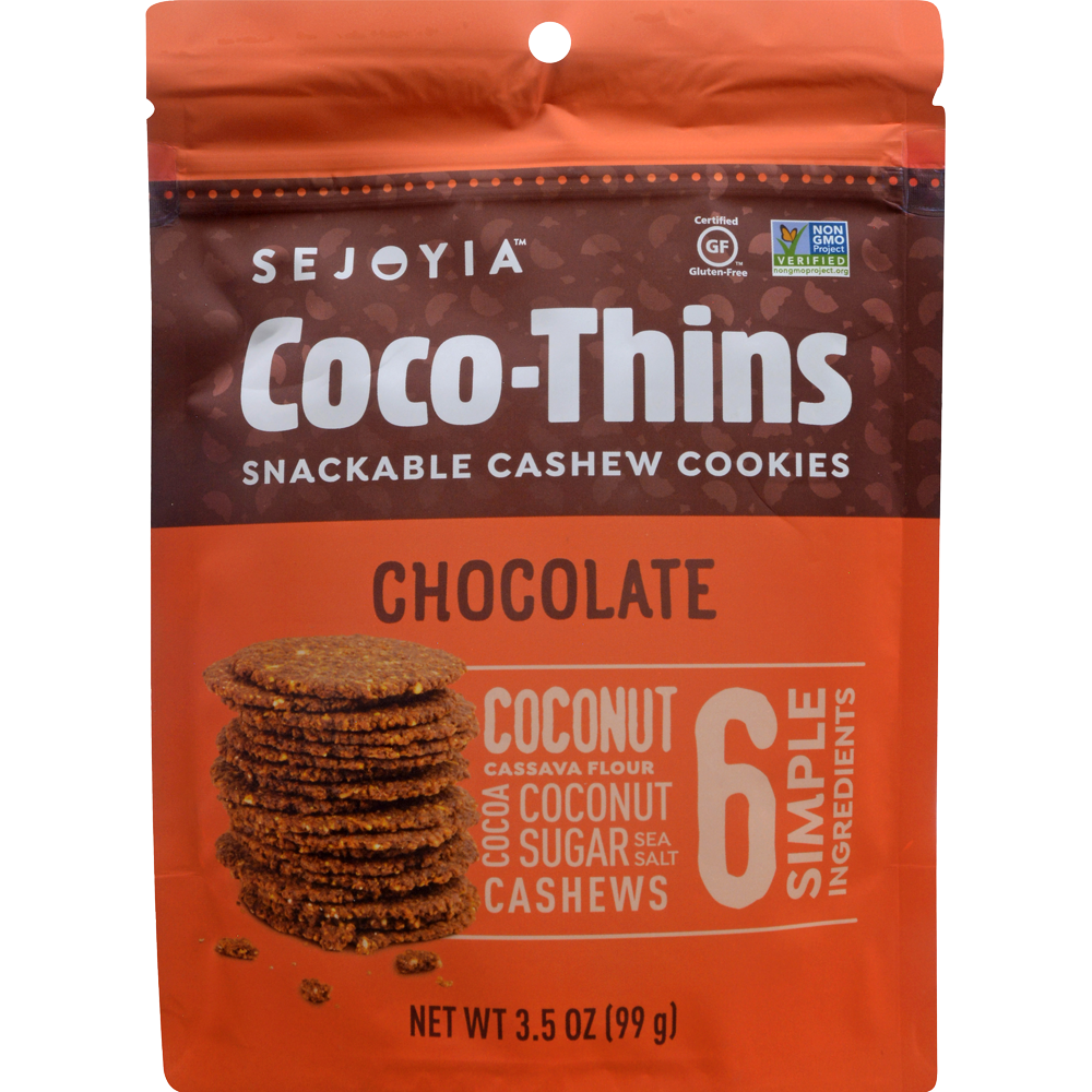 slide 1 of 1, Sejoyia Coco-Thins Cashew Cookies Chocolate, 3.5 oz