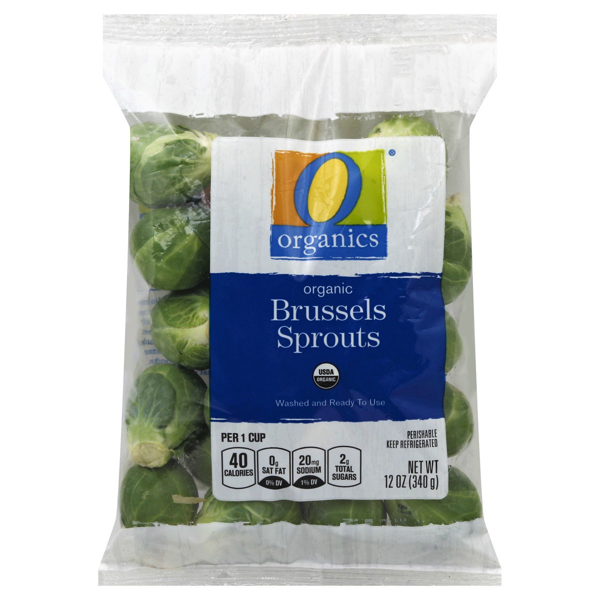 slide 1 of 5, O Organics Brussel Sprouts, 12 oz