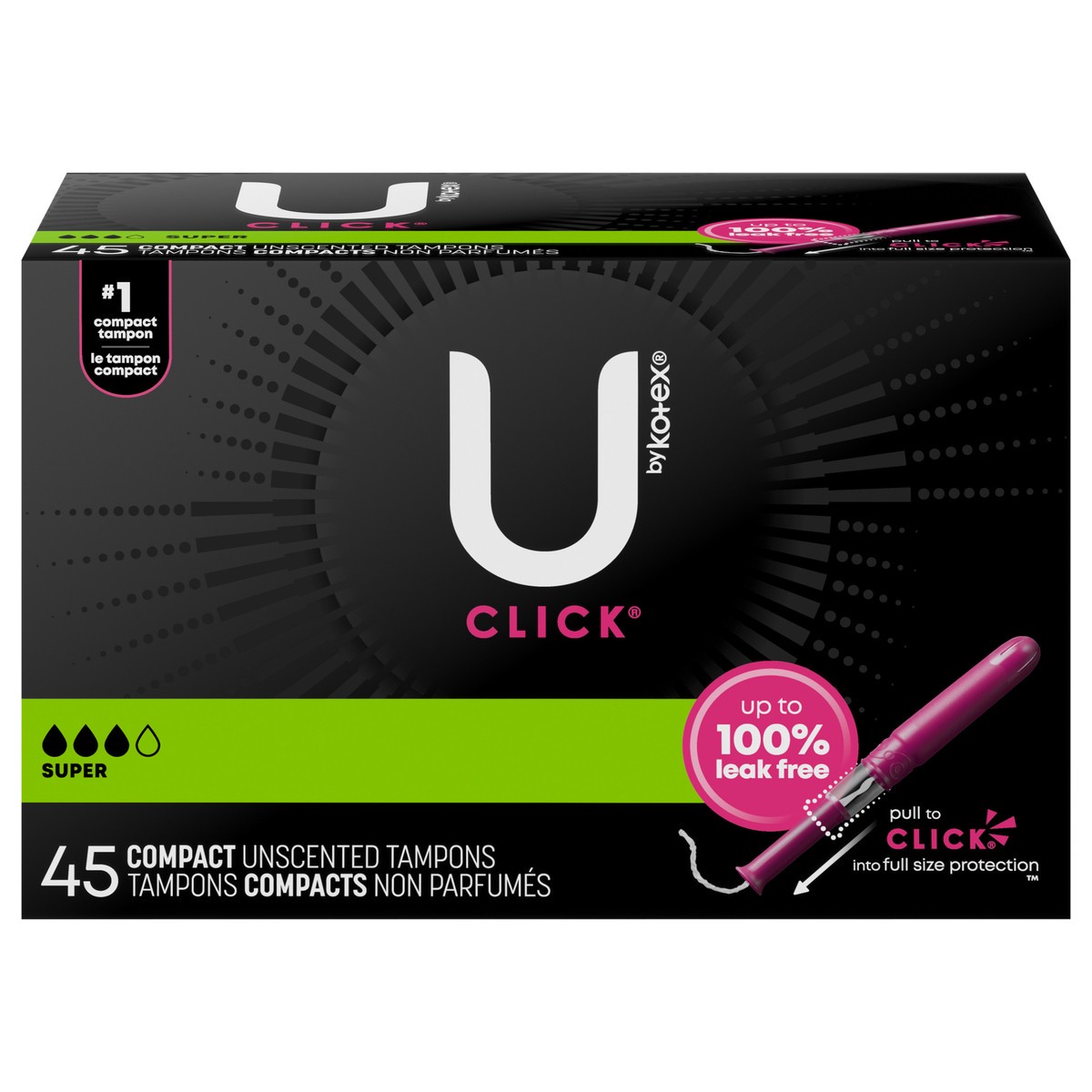 slide 1 of 5, U by Kotex Click Compact Tampons, Super, Unscented, 45 Count, 45 ct