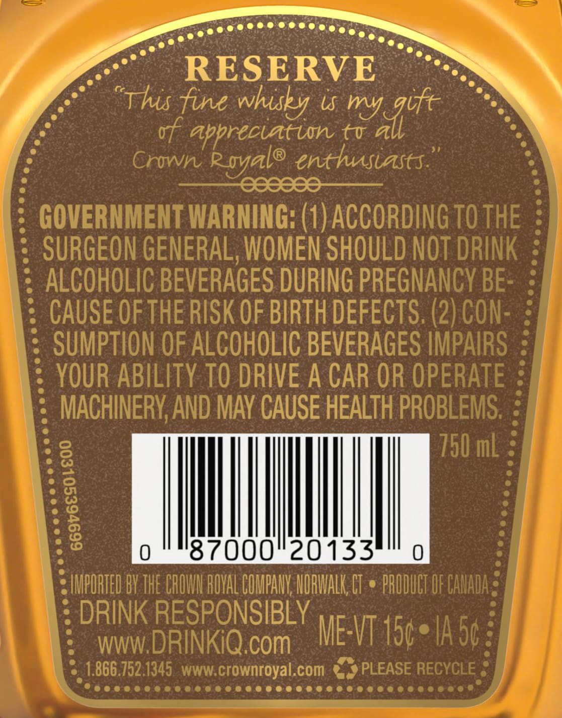 slide 6 of 6, Crown Royal Reserve Blended Canadian Whisky, 750 ml